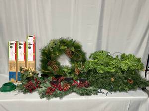 Lot of Beautiful Holiday Decorations Inc Lighted Garland (untested), Wreath, Decorated Sleigh, Centerpiece w Red Sparkly Pinecones, ETC