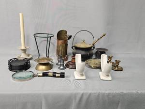 VTG and Antique Home Decor inc Various Candle Stick Holders (brass, wood, metal, etc), Candle Snuff, Incense Burner (unknown condition), Coasters, Magnifying Glass and other VTG and Antique Home Decor
