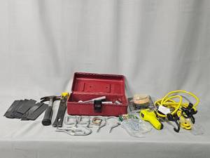 Set of Misc Garage Items Inc Ratchets & Sockets, Hammer, Pry Bar, Clamps, Screws, Bunji Cords, Ryobi Temp Gauge, Etc