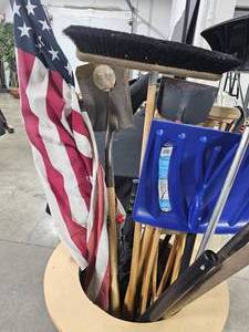 Lot of Garage Necessities & Misc Inc Snow Shovels, American Flags, Crutches, Umbrella, Brooms, Etc