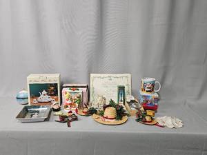 Lot of Nice Seasonal Home Decor Inc Doll Sized Tea Set, Snowman Decor, Mini Tea Pot & Mugs, Various Ornaments, Goebel Rectangular Dish, ETC