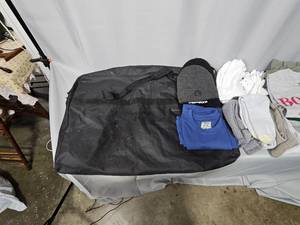 XL Panama Jack T-Shirt, Unbranded Equipment Bag, Mens WhiteGrayBeige Tube Socks, Assortment of M-L Long & Short Sleeved Shirts, Athletic Pants SZ M, Drawstring Jeans SZ M, St Johns Bay Cargo Shorts SZ 34, Winter Beanies & Gloves