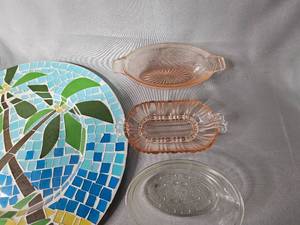 Pink Depression Glass Snack Bowls, 2 Silver Tone Round Serving Trays (one lazy susan), Mosaic Plate, ETC