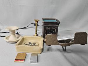 VTG Ash Tray, Zippo Lighter, VTG Matchbook Holder, Goose Neck Desk Lamp, Wax Melter
