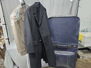 Mens Trench Coat 100% Wool BW Harris (approx SZ L) & Mens Suit Jacket (approx SZ L) & 1 Garmet Bag
