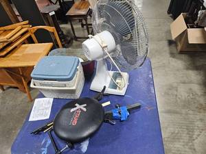 DeskTable Fan, Tree Chair (all parts unverified), Metal Planter, Coleman 8 Can Personal Cooler