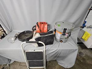 Hoover Portable Vacuum, Moving Pads, Ozark Trail 5 Gallon Cooler, Step Ladder, Work Light, Plastic Oil Pans