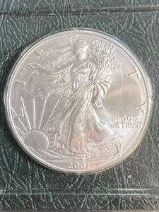 2001 AMERICAN SILVER EAGLE 1 TROY OZ .999 FINE SILVER IN INFO. CASE