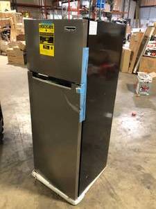 lot 6 image: Frigidaire 7.3 cu. ft. Top Freezer Refrigerator, brushed steel  have  Damaged Customer Returns See Pictures