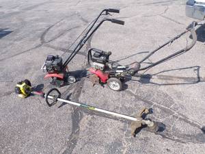 lot 24 image: 2 mini tillers and John Deere String Trimmer for parts
