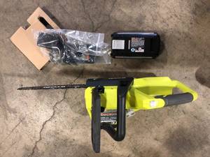 lot 23 image: RYOBI 40V 10 in. Battery Powered Chainsaw with 2.0 Ah Battery and Charger   Customer Returns See Pictures