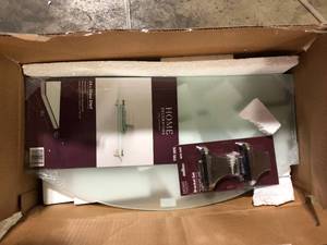 lot 28 image: Luna 8 in. x 24 in. x .3125 in. Opaque Glass Decorative Wall Shelf Kit with Titanium Diamond Brackets by Wallscapes   Customer Returns See Pictures