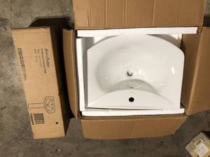 lot 43 image: Swiss Madison Modern White Ceramic Rectangular Chateau Pedestal Bathroom Vessel Sink with Round Single Faucet Hole      Customer Returns See Pictures