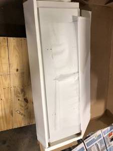 lot 50 image: VEIKOUS White Particle Board 56 in. Buffet Kitchen Storage Cabinet Sideboard with 4-Doors, 3-Drawers  Customer Returns See Pictures