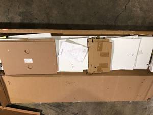 lot 14 image: 69 in. W White Wood Entertainment Center TV Stand Console with Door Storage Cabinet for TV up to 75 in.  Customer Returns See Pictures