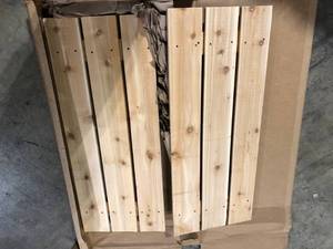 lot 26 image: Ekena Millwork 17-18 X 42Timbercraft Rustic Wood Three 5-38Spaced Board and Batten Shutters Rough Sawn Cedar(pair)     Customer Returns See Pictures