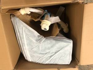 lot 35 image: Johnson Mid-Century Modern Blue Fabric Adjustable Home Office Chair with Wheels by Noble House   Customer Returns See Pictures