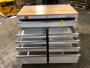 lot 37 image: Husky 46 in. W x 24.5 in D Standard Duty 9-Drawer Mobile Workbench Tool Chest with Solid Wood Top in Gloss White  Customer Returns See Pictures