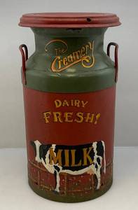 lot 3 image: Vintage Hand Painted Milk Jug The Creamery Dairy Fresh Milk With Cow