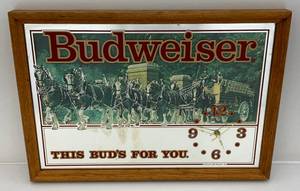 lot 20 image: Vintage Framed Budweiser Beer Mirror Clock (Works) 13 X 19