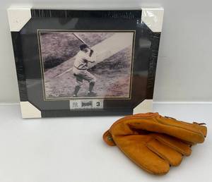 lot 35 image: Framed Babe Ruth Picture 12 x  15 & Vintage Denkert Baseball Glove
