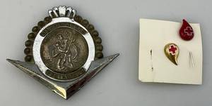 lot 64 image: Vintage Military St. Christopher Pin & Red Cross Pins