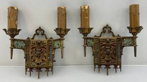 lot 71 image: RARE Pair Of Antique Cresent Double Candle Wall Scones