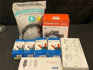 lot 257 image: M2 - Mixed Lot Cooking Set, Ice Cream Maker Rock Salt, LED Lights, Cord Organizer, TV Top Shelf