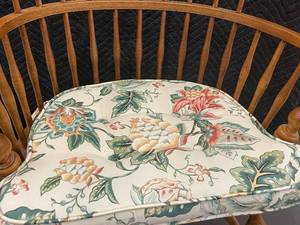 lot 96 image: Vintage Wooden Armchair with Floral Cushion