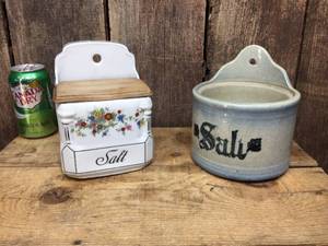 lot 150 image: 2 Vintage Hanging Salt BoxCrock