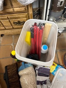 Mop head, brooms, cleaning supplies