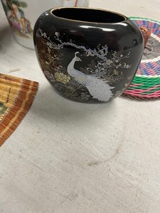 Woven container wteapot, fan, misc glassware