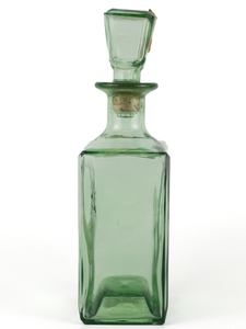 lot 108 image: VINTAGE Rare Green Shot Glass Top W. L. WELLERS CABIN STILL BOURBON BOTTLE DECANTER Circa 1950s