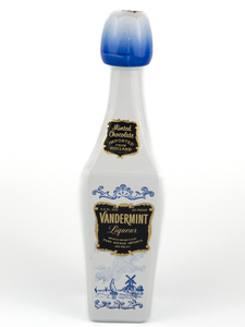 lot 122 image: Pair of Vandermint liqueur Bottles, white bottle with blue design, empty.