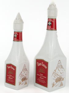 lot 135 image: Pair of Vintage Swiss chocolate cherry liqueur bottle tulip delft Bottle - 45 Pint & 45 Quart