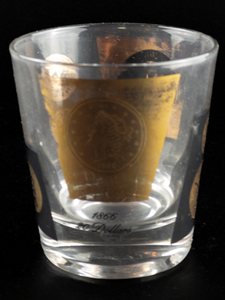 lot 168 image: Mid Century Barware Cera Old Fashioned Glasses Gold & Black Coins 22k Gold