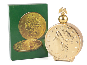 lot 221 image: Vintage Avon 1866 Twenty Dollar Gold Piece Full Windjammer After Shave Decanter with Original Packaging -Used Over 60% Full