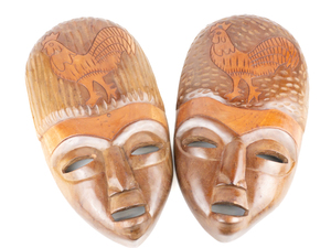 lot 271 image: Pair of VINTAGE Carved Wood Primitive Native Folk Art Masks (Haiti) - Rooster Design