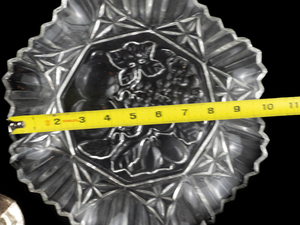 lot 294 image: Federal Glass Pioneer Clear 11 14in Crimped Bowl and 11in Plate ( Both Drilled), and one Metal Cherub Pedestal