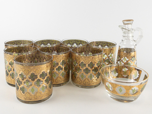 lot 182 image: Group of 10 pieces of Culver Valencia 8x Old Fashioned Glasses, Small Fruit Dessert Bowl, & RARE Cruet