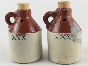 lot 69 image: Vintage Stoneware Whiskey Jug Salt and Pepper Shakers