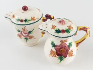 lot 81 image: Pair of Mid century, white, tea pot with flower, salt pepper shakers, Japan