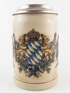 lot 185 image: VINTAGE Pewter Lidded Beer Stein Mug Coat Of Arms Bavaria Germany
