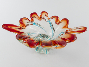 lot 352 image: VINTAGE MURANO JACK BLANCO Design for Jordan Imports Co. of New York (JICO) #8700 Red with Filigree of Aqua Art Glass Footed Bon Bon - Made in Murano Italy. Circa 1967 