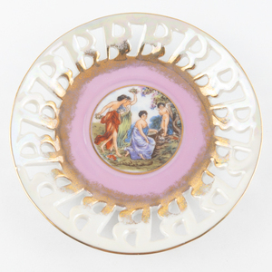 lot 359 image: LM ROYAL HALSEY Very Fine Iridescent Victorian Pierced 3-Footed Cup & Saucer Set