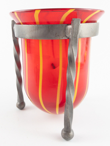 lot 374 image: Pair of ART GLASS Ruby Red Glass BowlCandle Holders with Yellow Stripes in Metal Stands