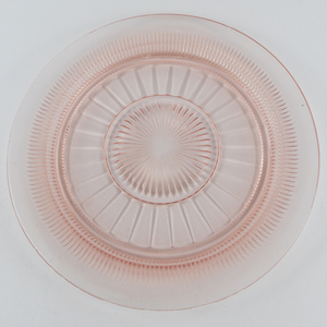 lot 403 image: Pair of Pink Plates 1. ANCHOR HOCKING Coronation Pink 2. Saucer (Maker unable to determine)