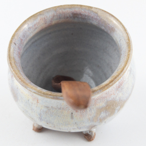 lot 407 image: Signed AW Blue-Grey Hand Crafted Stoneware Pottery Condiment Pot with Wooden Spoon