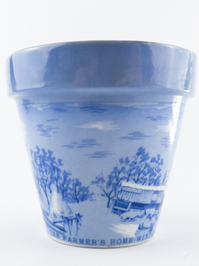 lot 410 image: Vintage CURRIER & IVES The Farmers Home In Winter Ceramic Planter Pot Blue & White