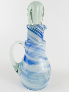 lot 438 image: Hand Blown ART GLASS White and Cobalt Blue Swirl Cruet Decanter with Stopper in Aqua Blue 5in approx without stopper